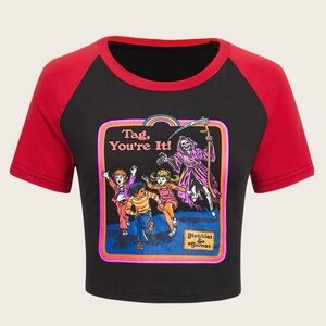 Stephen Rhodes Tag You’re It Crop Tee Raglan Shirt Size Medium Horror Halloween